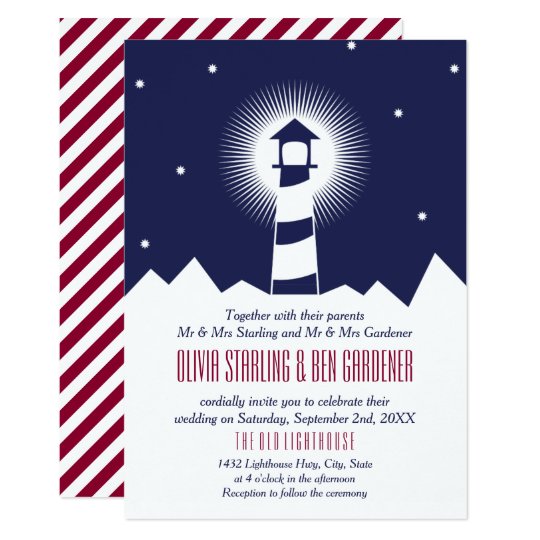 funky wedding invitations, lighthouse wedding invitations, bold wedding invitations, Navy & Crimson | Lighthouse Wedding Invitation