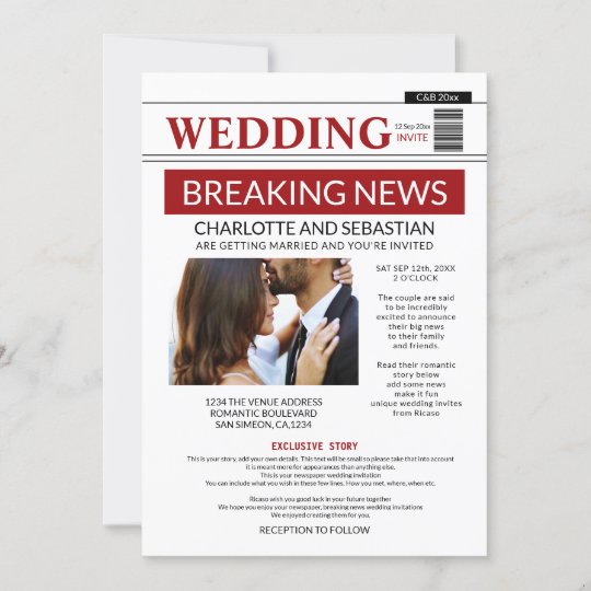 funky wedding invitations, newspaper wedding invitations, fun wedding invitations, modern wedding invitations, Modern Fun Breaking News Wedding Newspaper Announcement