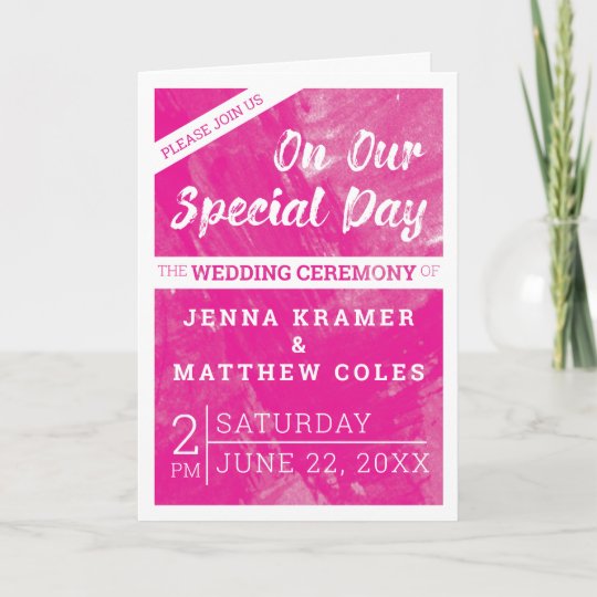 funky wedding invitations, pink wedding invitations, bold wedding invitations, hot pink wedding invitations, folded wedding invitations, Hot Pink Beach Watercolor Wedding Invitation