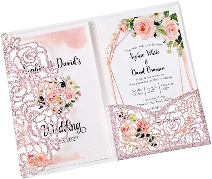 funky wedding invitations, pink wedding invitations, pocket wedding invitations, Rose Gold Glitter Wedding Invitations Kit Hollow Rose Pocket Wedding Invitation Cards with Envelopes for Wedding