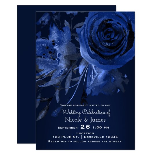 Funky wedding invitations, blue wedding invitations, bold wedding invitations, Winter Chic Floral Blue Rose Bold Wedding Invitation