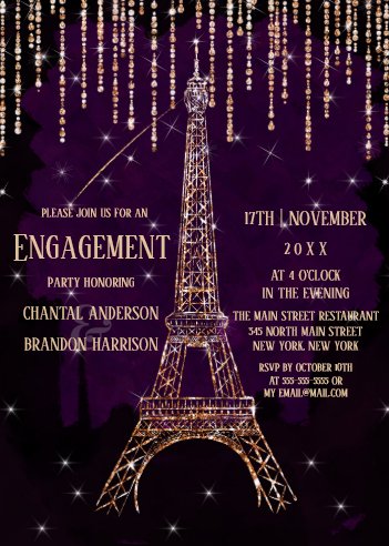 Glitter Watercolor Paris Eiffel Tower Engagement Party Invitation