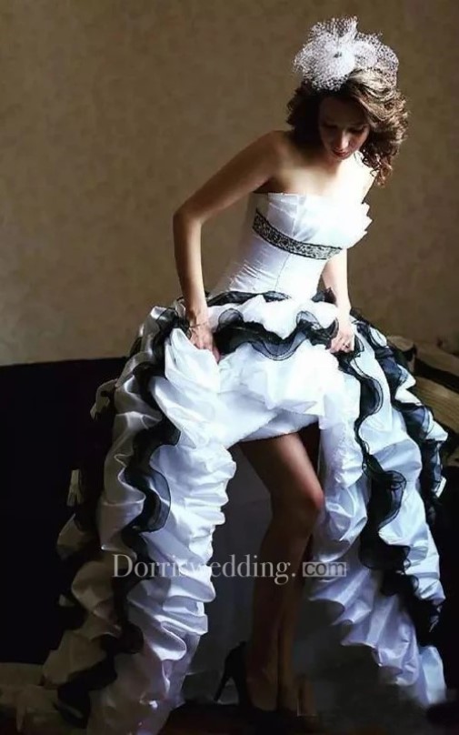 gothic wedding dresses, black and white wedding dress, A-Line Taffeta Strapless Sleeveless High-Low Wedding Dress With Cascading Ruffles