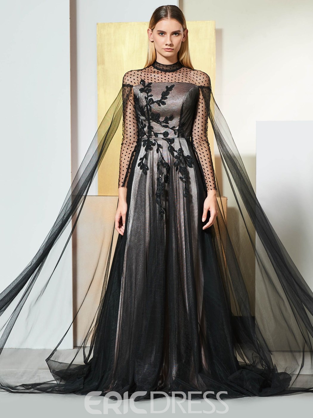 gothic wedding dresses, black wedding gowns, Long Sleeve High Neck Black Wedding Gown