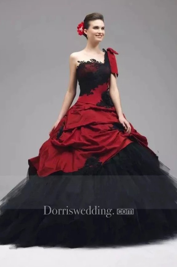 gothic wedding dresses, red and black wedding dresses, black and red wedding gowns, Ball Gown Taffeta Tulle One-Shoulder Sleeveless Floor-Length Wedding Dress With Appliques And Ruffles