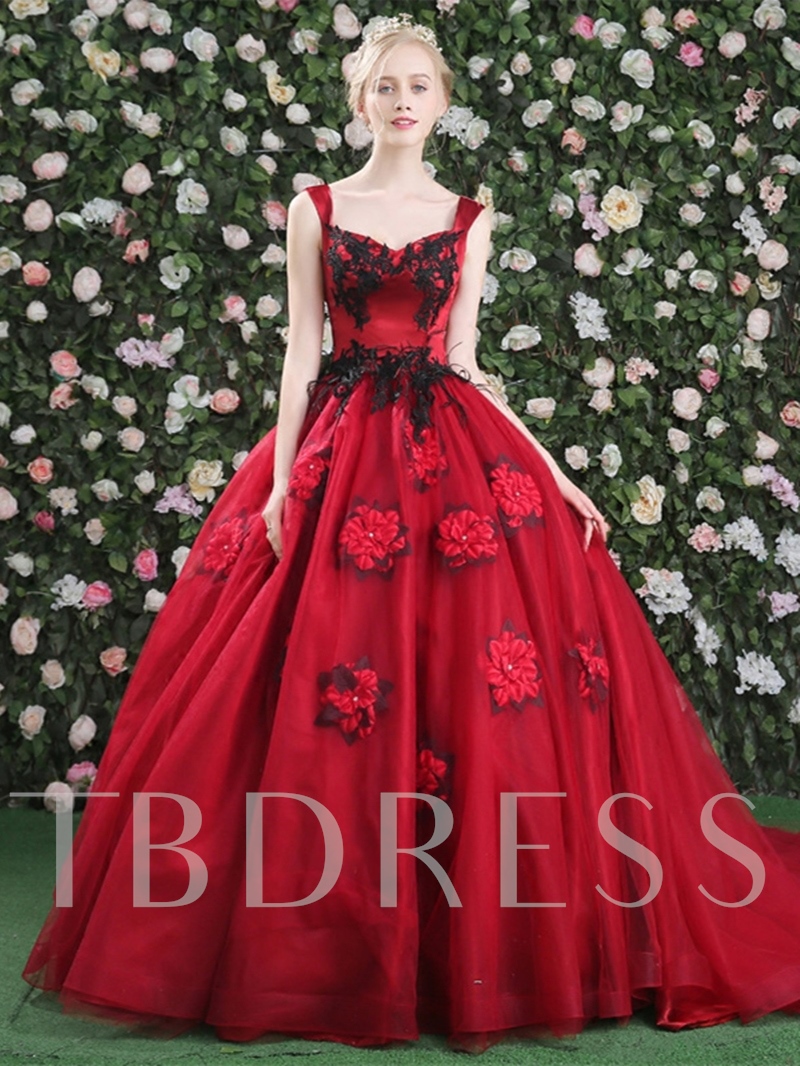 gothic wedding dresses, red wedding dress, red and black wedding dress, black and red wedding gowns, Red and Black Gothic Meets Floral Wedding Dress