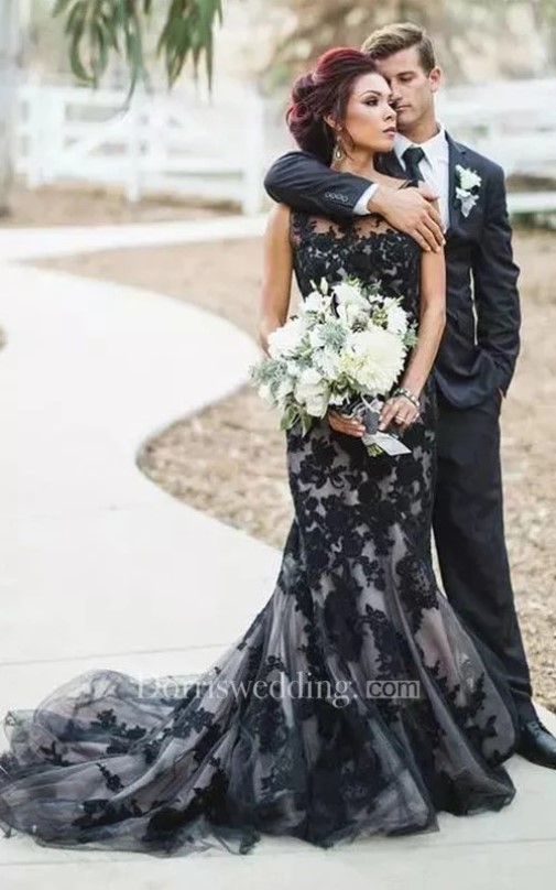 gothic wedding dresses, mermaid gothic wedding gown, Mermaid Lace Bateau Sleeveless Floor-Length Sweep Train Wedding Dress