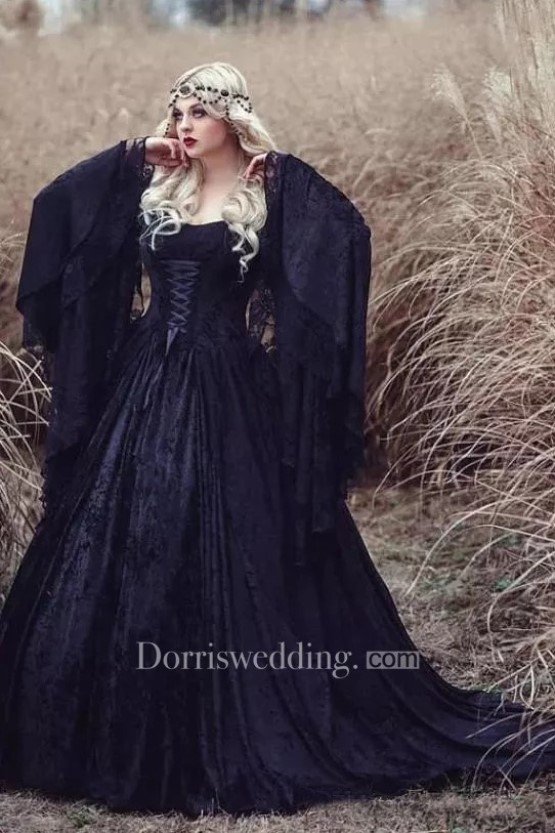 Gothic Wedding Dresses, Black Wedding Dresses, A-Line Lace Scoop Long Sleeve Floor-Length Sweep Train Wedding Dress With Pleats