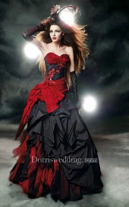 Gothic Wedding Dresses, Black and Red Wedding Dress, A-Line Taffeta Tulle Sweetheart Sleeveless Sweep Train Wedding Dress With Appliques And Cascading Ruffles