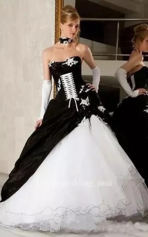 Gothic Wedding Dresses, black and white wedding dresses, A-Line Organza Taffeta Sweetheart Sleeveless Floor-Length Wedding Dress With Appliques And Ruffles