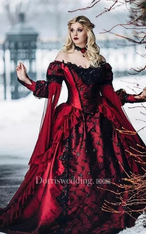 gothic wedding dresses, gothic wedding gowns, red and black wedding dress, Ball Gown Taffeta Off-The-Shoulder Long Sleeve Chapel Train Wedding Dress With Cascading Ruffles