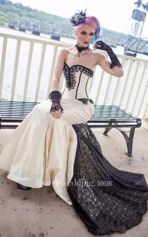 gothic wedding dresses, black and white wedding dresses, Mermaid Taffeta Lace Sweetheart Sleeveless Floor-Length Sweep Train Wedding Dress With Appliques