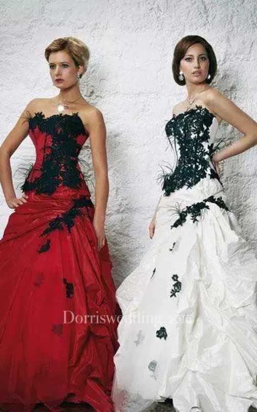 gothic wedding dresses, gothic wedding gowns, gothic bridal dresses, A-Line Taffeta Sweetheart Sleeveless Sweep Train Wedding Dress With Appliques And Cascading Ruffles