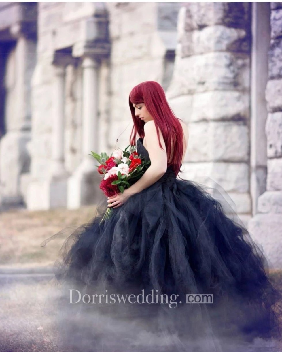 gothic wedding dresses, gothic bridal dresses, A-Line Black Wedding Dress Strapless Sleeveless Open Back Zipper With Ruffles