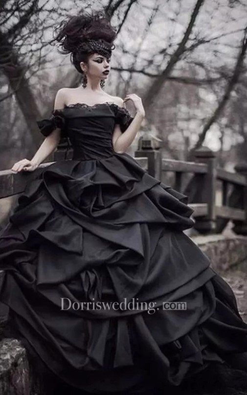 gothic wedding dresses, black wedding dresses, Ball Gown Taffeta Off-The-Shoulder Sleeveless Floor-Length Wedding Dress With Cascading Ruffles And Ruching