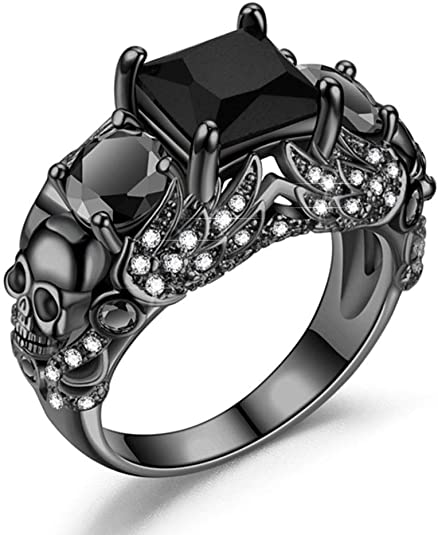 Gothic Wedding Rings, Gothic Style Wedding Rings, Gothic Wedding Ring With Black Stone and Skulls, Black Wedding Rings, Skull Wedding Rings