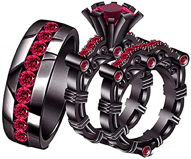 Full Black On 925 Sterling Silver Red Ruby Engagement His & Her Bridal Ring & Wedding Ring Trio Set, Gothic Wedding rings, Black and Red Wedding rings, Gothic Style Bridal Rings
