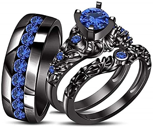 gothic wedding rings, blue gothic wedding rings, blue bridal sets, Three Stone RD Cut Blue Sapphire Black Rhodium Plated Over 925 Silver Trio Wedding Ring Set