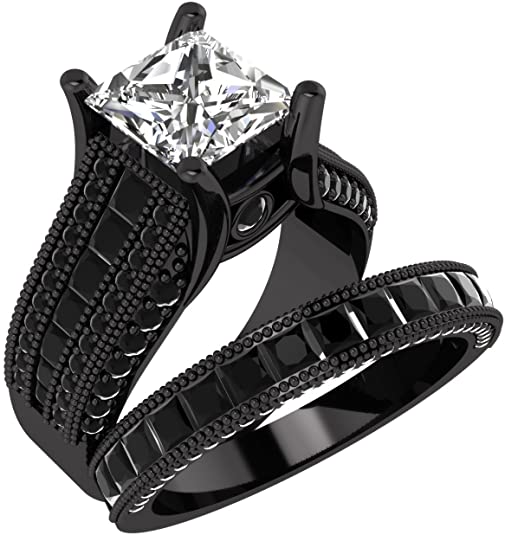 Black & White Cubic Zirconia Wedding Engagement Ring Bridal Sets Black Rhodium Plated, Gothic Wedding Rings, Black Wedding Rings, Black Wedding Sets, Gothic Wedding Sets