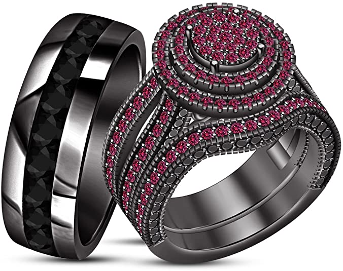 Trio Ring Set Engagement Wedding Band Ring For His & Her Black Rhodium Plated, Gothic Wedding Rings, Black and Red Wedding Rings, Black and Red Bridal Set