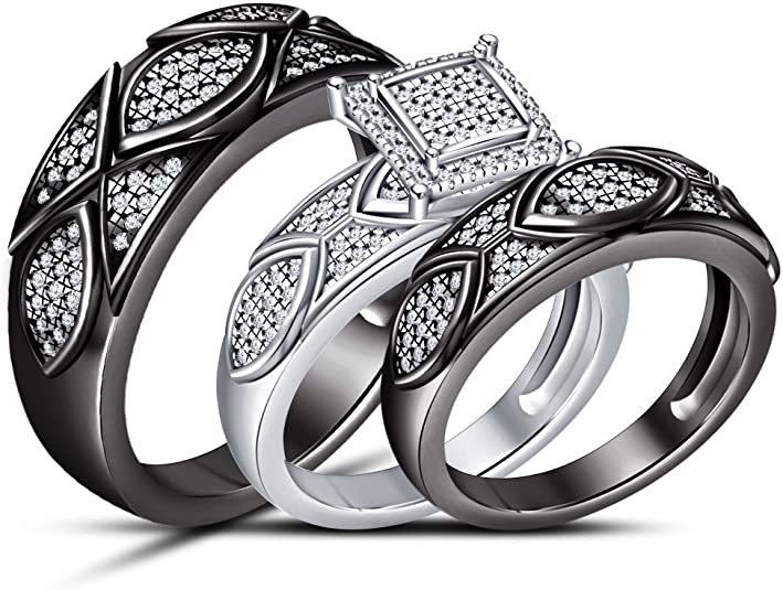 Gothic Wedding rings, Gothic Wedding ring Set, Gothic Bridal Set, Gold Plated Sterling Silver 925 Simulated Diamond Round Cut Wedding Ring Set