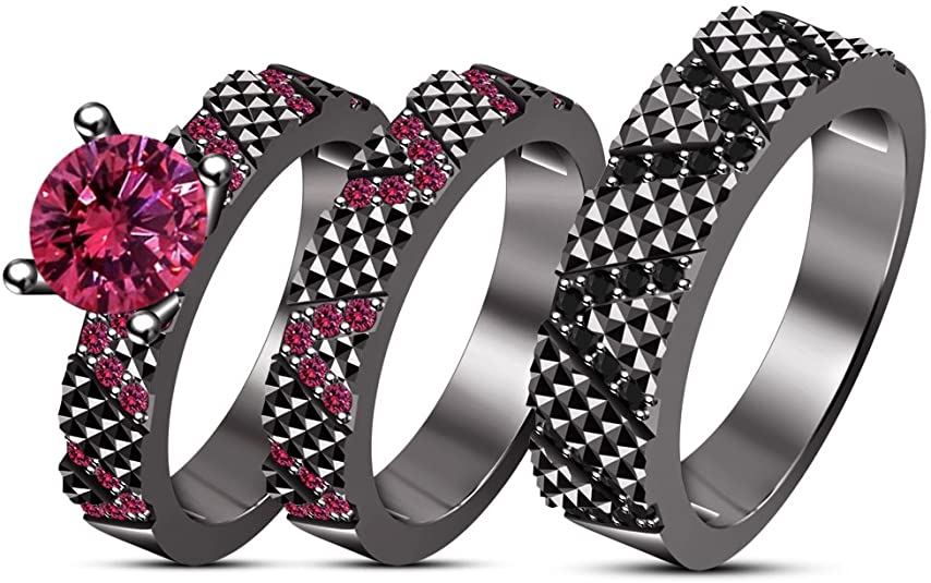 Gothic Wedding Rings, Gothic Wedding Set, Gothic Bridal Set, Pink Sapphire and Black Wedding Rings, Trio Ring Set Women's & Men's Matching Engagement Wedding Band Round Pink Sapphire & Black CZ