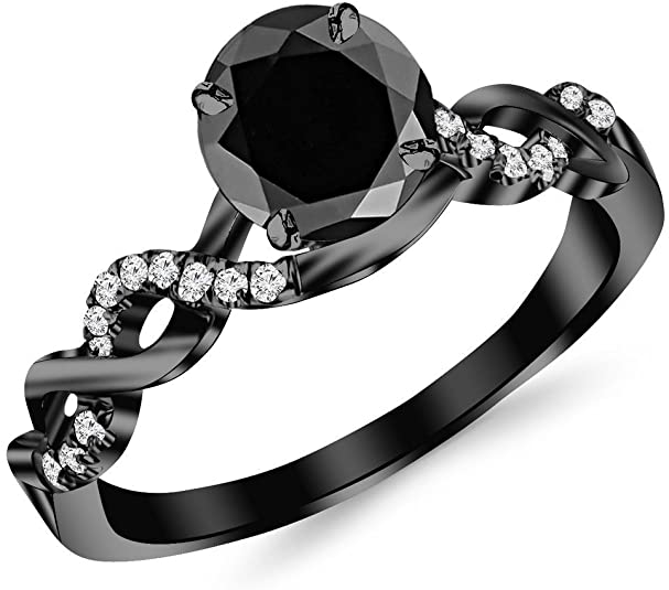 Gothic Wedding Rings, Gothic Diamond Rings, Gothic Engagement Rings, 0.88 Carat 14K Black Gold Twisting Infinity Gold and Diamond Split Shank Pave Set Diamond Gothic Wedding Ring