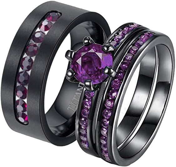 Gothic Wedding Rings, Gothic Bridal Rings, Purple and Black Wedding rings, Purple Gothic Wedding Rings, Gothic Couple Rings Black Gold Filled Womens Wedding Ring Sets Purple Cz Titanium Steel