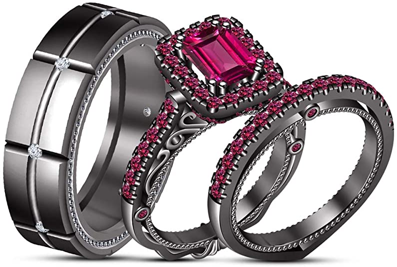 Gothic Wedding rings, gothic wedding sets, gothic bridal sets, Emerald & Round Cut Pink Sapphire 925 Silver His & Her Wedding Anniversary Trio Ring Set