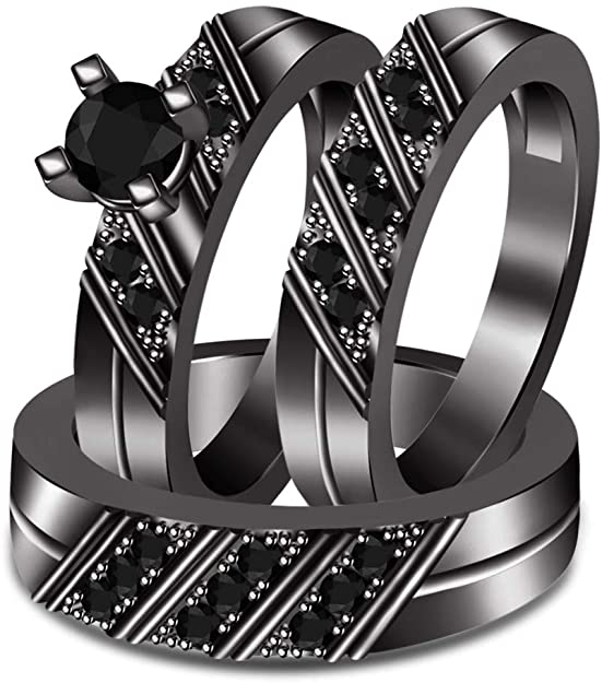Gothic Wedding Rings, Black Gothic Wedding Rings, Black Wedding Set, Black Wedding Rings, Gothic Black Rhodium Plated Men's & Women's Trio Wedding Ring