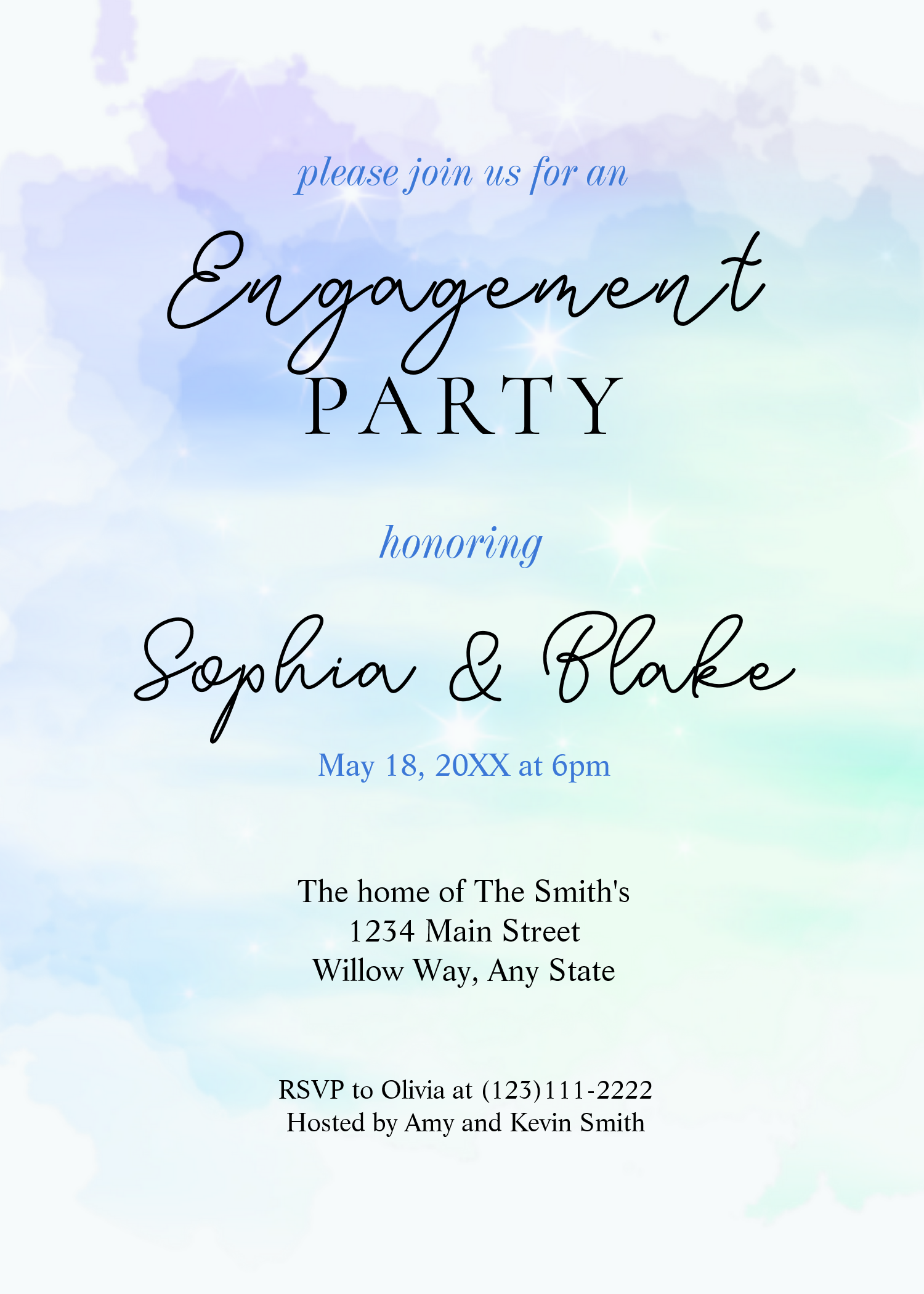 Green & Blue Abstract Watercolor Engagement Party Invitation