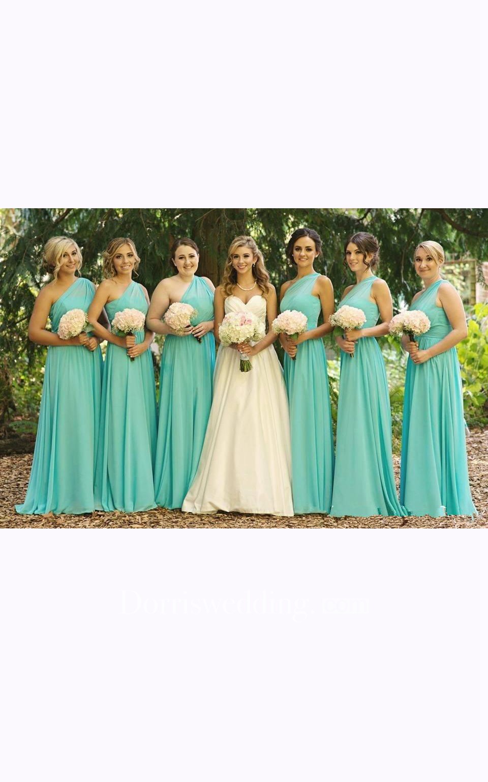 green bridesmaid dresses, A-Line One-Shoulder Long Pleated Floor-Length Dress