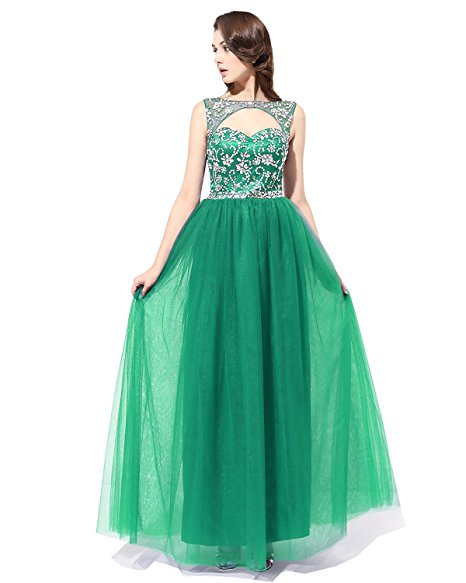 green bridesmaid dresses, long tulle Illusion Bridesmaid Dress Beaded