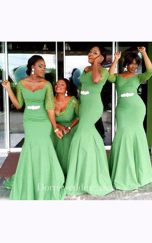 green bridesmaid dresses, Trumpet Sweetheart Half-Sleeved Beading Zipper Chiffon Lace Dress