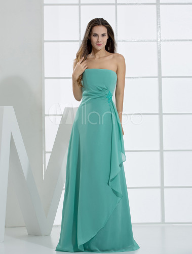 green bridesmaid dresses, Romantic A-line Strapless Floor Length Chiffon Bridesmaid Dress