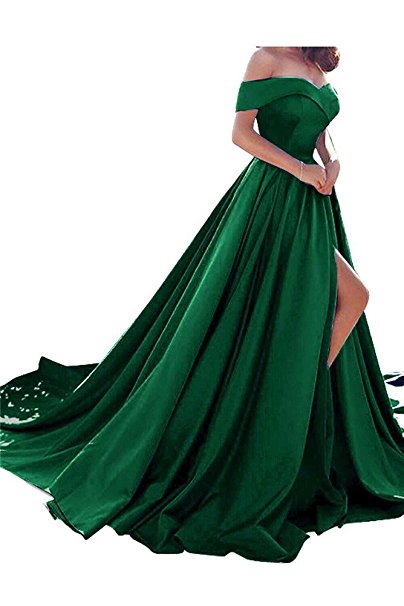 green bridesmaid dresses, Split Off Shoulder A Line Satin Bridesmaid Dress