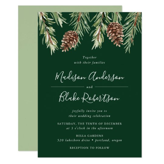 green wedding invitations, green invitations, green winter wedding invitations, Winter Watercolor Pine Cone Green Wedding Invitation