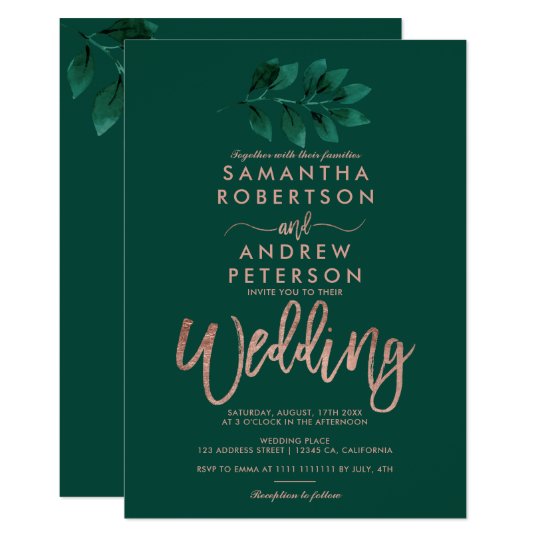 green invitations, green wedding invitations, Rose gold script green leaf emerald wedding invitation