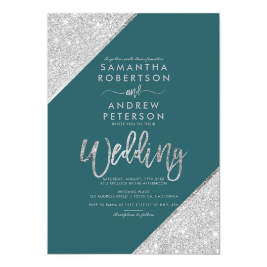 green wedding invitations, green invitations, Silver glitter typography teal green wedding invitation