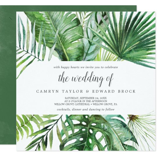 green invitations, green wedding invitations, Wild Tropical Palm The Wedding Of Square Wedding Invitation