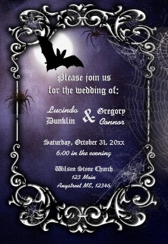 Halloween Wedding Invitations, Bat Wedding Invitations, Gothic Wedding Invitations, Bat, Moon and Spiders with silver ornate decor Invitation