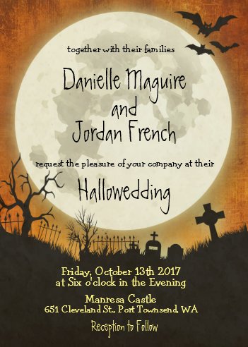 Halloween Wedding Invitations, Halloween wedding invitation in orange with moon, Cemetery Wedding Invitations