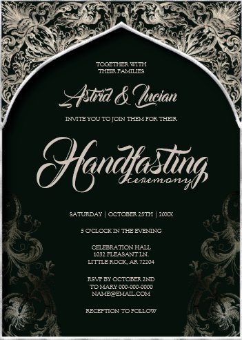 Halloween Wedding Invitations, Regal Silver Flourish Hunter Green Handfasting Invitation, Handfasting Invitation, Pagan Wedding Invitations, Witch Wedding Invitations