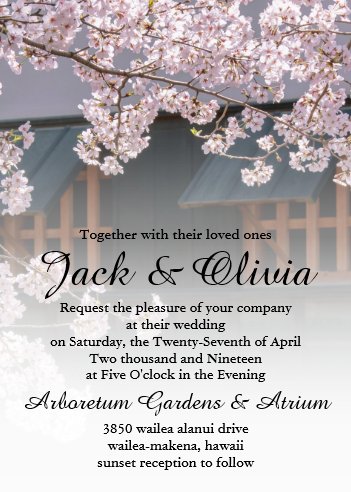 Hawaiian wedding ideas, tropical wedding ideas, tropical wedding invitations, Cherry Blossoms Flowers Wedding Invitation
