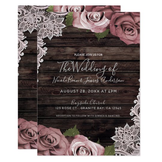 Wedding Invitations, Rustic Wedding Invitations, Floral Wedding Invitations, Dusty Pink Floral Roses Rustic Wood & Lace Wedding Invitation