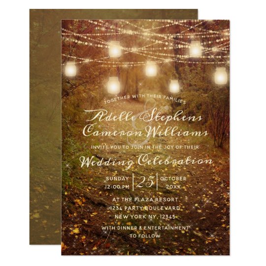 wedding invitations, fall wedding invitations, string lights wedding invitations, autumn wedding invitations, gold wedding invitations, Maple Grove String Light Rustic Wedding Ceremony Invitation