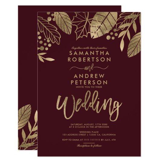 Burgundy Wedding Invitations, Gold and Burgundy Wedding Invitations, Leaves Wedding Invitations, Fall Wedding Invitations, Gold leaves fall typography red burgundy wedding invitation