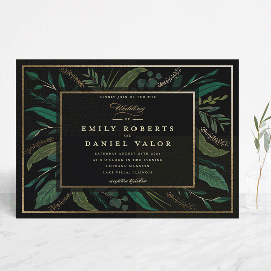 Emerald and Black Wedding Invitations, Floral Wedding Invitations, Nature Wedding Invitations, Beautiful Emerald Leaves Wedding Invitation