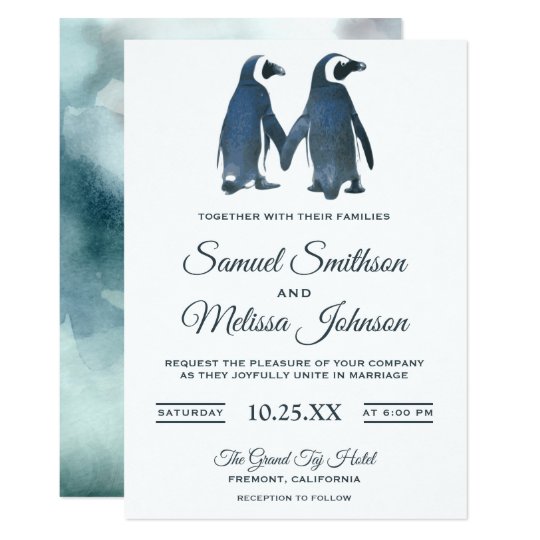 wedding invitations, cute wedding invitations, romantic wedding invitations, Cute Romantic Couple Penguin Wedding Invitation