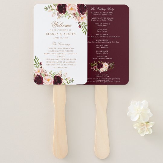 ideas for wedding programs, Floral Burgundy Blush Elegant Gold Wedding Program Hand Fan, wedding program fans